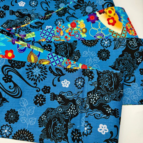 【目玉商品】4251木綿半幅帯　シーサー柄 　青色系 豪華帯留め・根付・帯締め 目玉商品】4251木綿半幅帯 シーサー柄 青色系 豪華帯留め・根付