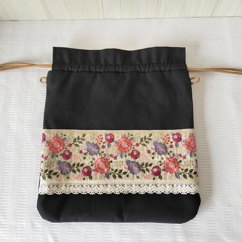 巾着バッグ ポシェット インド刺繍リボンがお洒落な布バッグ ワン