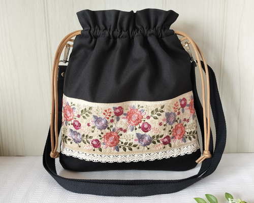 巾着バッグ ポシェット インド刺繍リボンがお洒落な布バッグ ワン