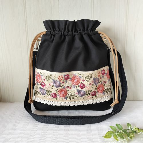 巾着バッグ ポシェット インド刺繍リボンがお洒落な布バッグ ワン