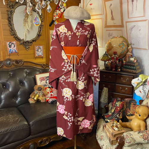 浴衣ドレス リメイク品 浴衣リメイク セミロング ワンピース ドレス 帯ベルト 和洋折衷