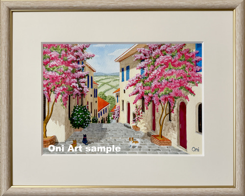 花の咲く路地12」アクリル画 原画 風景画 額縁付 SMサイズ 絵画 Oni
