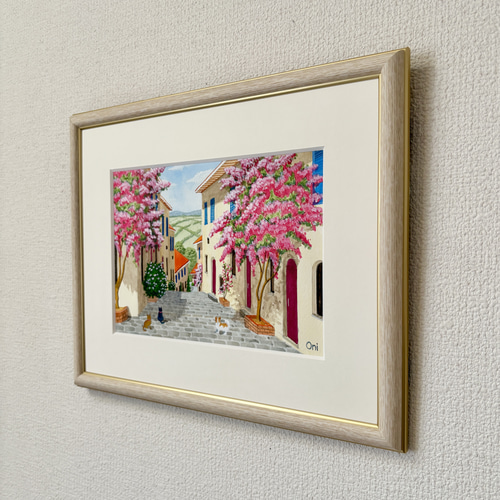 アクリル画　原画　「花の咲く路地12」額縁付　SMサイズ 花の咲く路地12」アクリル画 原画 風景画 額縁付 SMサイズ 絵画