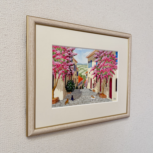 アクリル画　原画　「花の咲く路地12」額縁付　SMサイズ 花の咲く路地12」アクリル画 原画 風景画 額縁付 SMサイズ 絵画