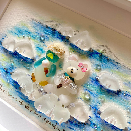 白くまとペンギン シーグラス／天然石／フレームアート／手描き