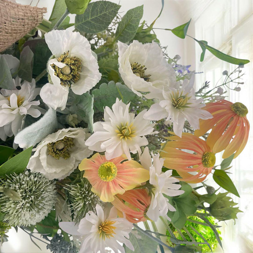 初夏の壁飾り】爽やかなグリーンとホワイトのナチュラルスワッグ