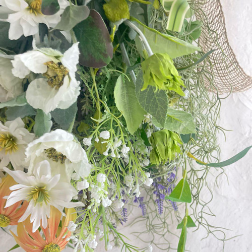 初夏の壁飾り】爽やかなグリーンとホワイトのナチュラルスワッグ