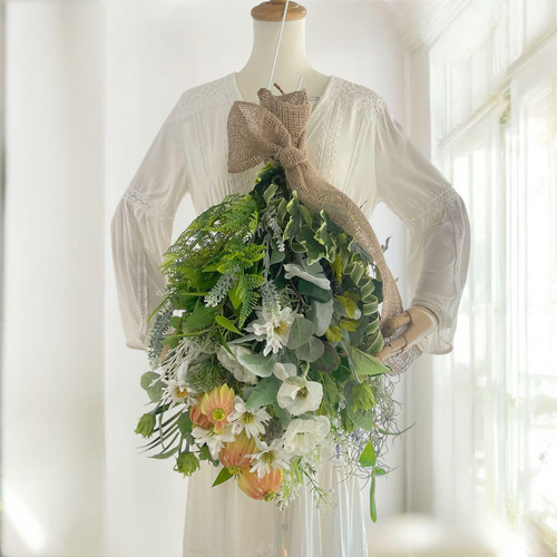 初夏の壁飾り】爽やかなグリーンとホワイトのナチュラルスワッグ