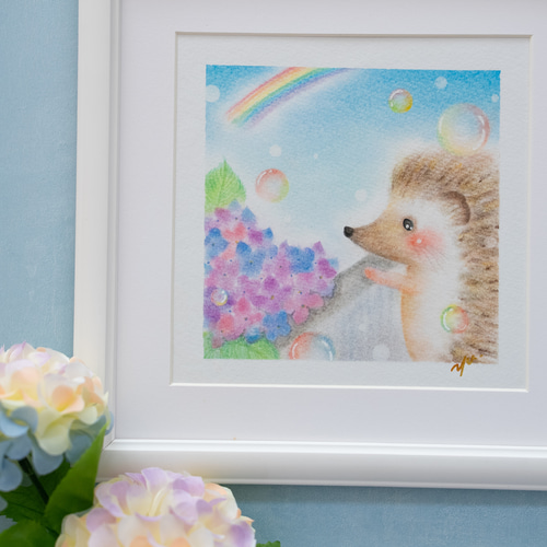 原画・フレーム付き】「紫陽花とハリネズミさん」 パステル