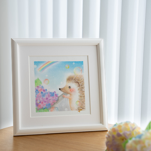 原画・フレーム付き】「紫陽花とハリネズミさん」 パステルアート はり