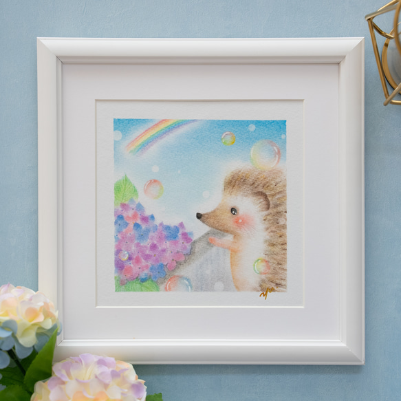 原画・フレーム付き】「紫陽花とハリネズミさん」 パステルアート はり