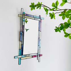 ガラスの壁掛け鏡／ウォールミラー／ステンドグラス／クリアホワイト