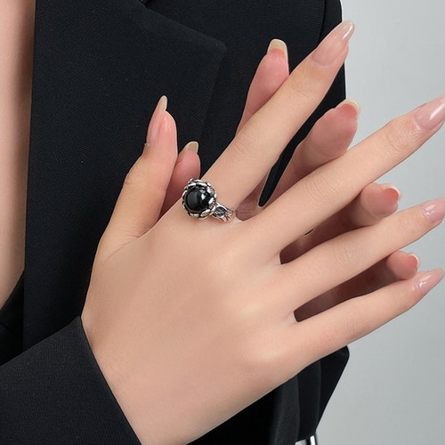 925銀|アンティーク加工黒曜石リング｜職人手工製|オープンタイプ 指輪