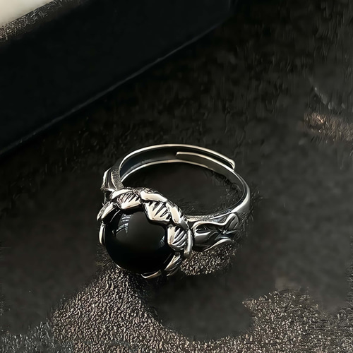 925銀|アンティーク加工黒曜石リング｜職人手工製|オープンタイプ 指輪