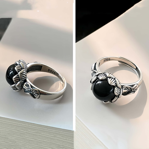 925銀|アンティーク加工黒曜石リング｜職人手工製|オープンタイプ 指輪