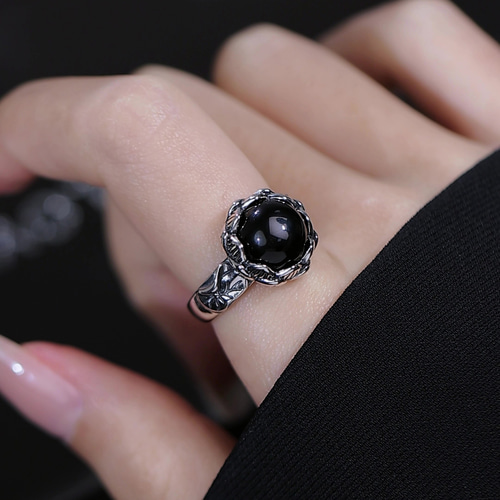 925銀|アンティーク加工黒曜石リング｜職人手工製|オープンタイプ 指輪