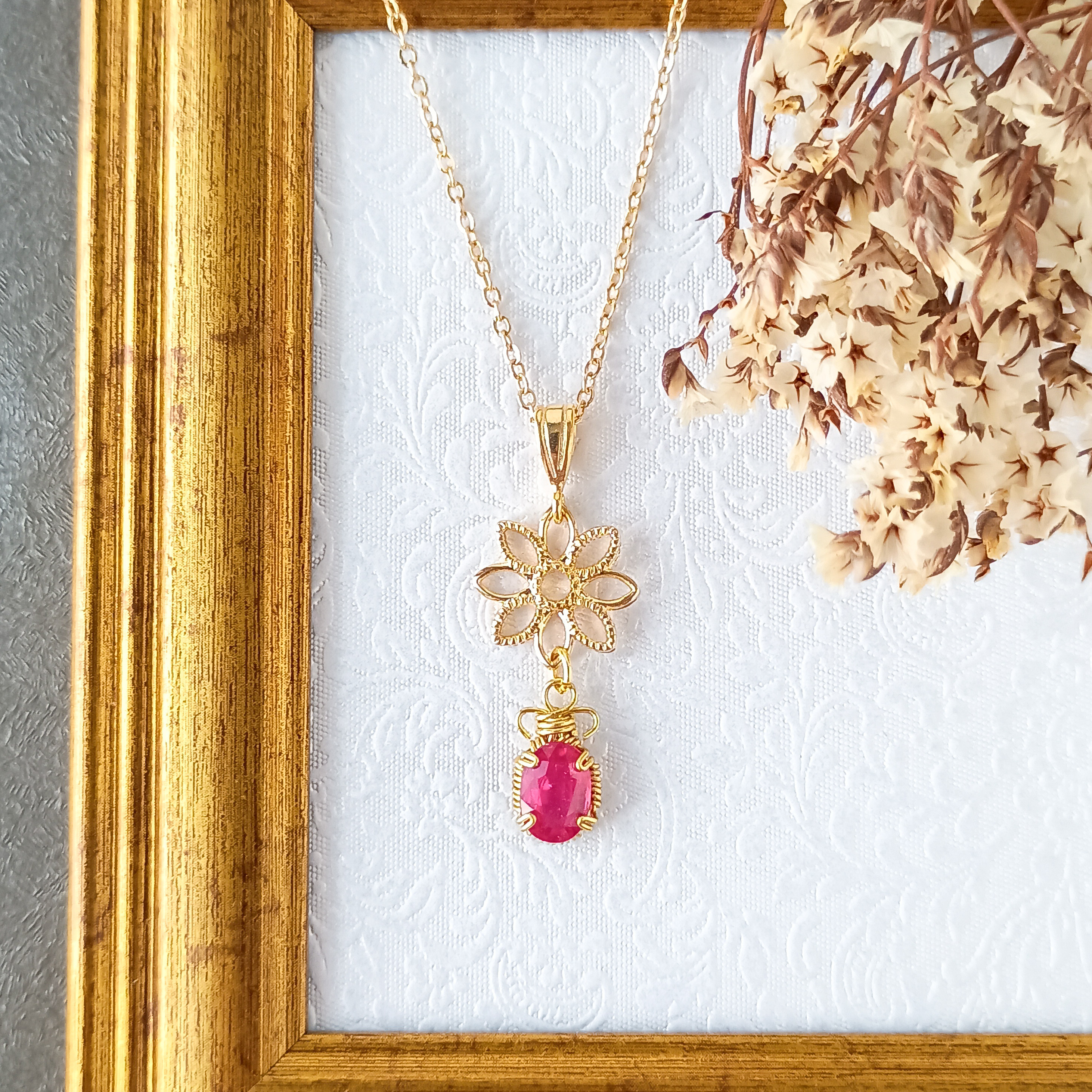 7月誕生石含浸ルビーフラワーネックレス❦ワイヤーラッピング