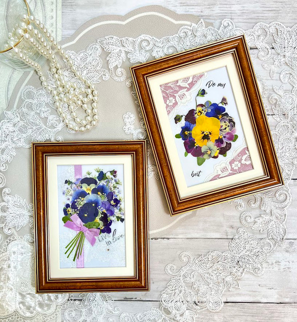 ビオラ大好き！大人かわいい押し花アート額 2個セット ドライフラワー
