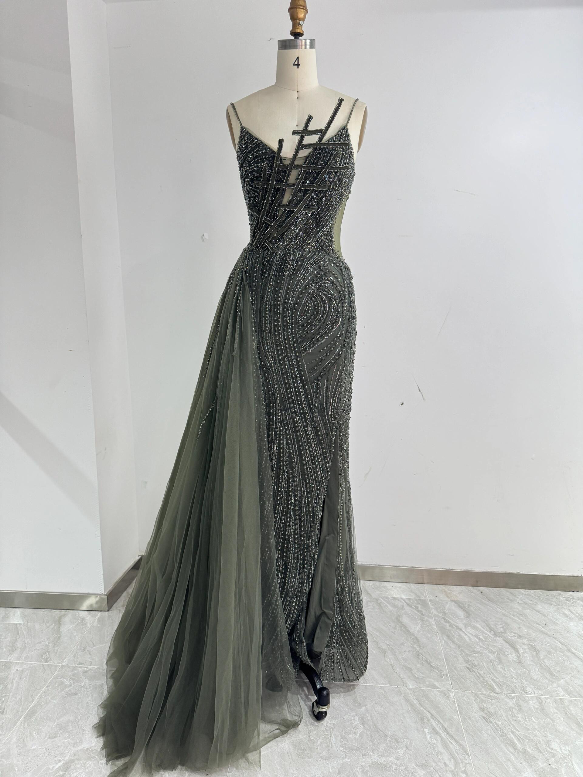 高評価続出　オリーブグリーン/カーキ　ファスナー　サイズオーダー可能　アシメドレス　非対称　チュール　スパコール　前撮り