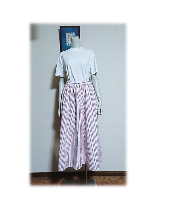 195　　セミギャザーフレアスカート　デッドストック浴衣地　　ストライプ　ピンク 9,424円