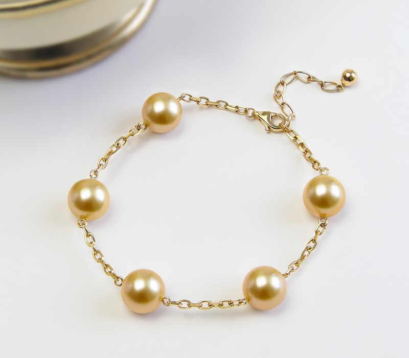 【La Corser】8-12mm 南洋ゴールドパールラウンドパールブレスレット リッチゴールドスターデザイン 18Kゴールド太