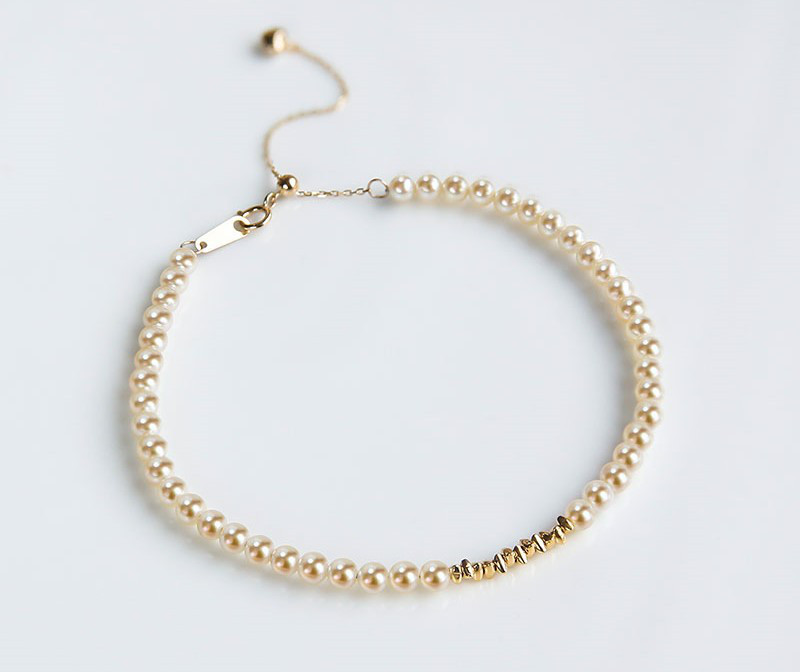 【La Corser】3-3.5mm シャンパンゴールド アコヤ海水真珠ブレスレット 18K ゴールド マグネット留め ブローク