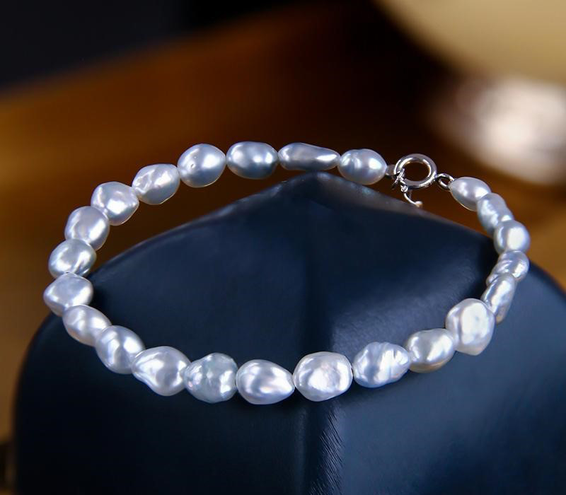 【La Corser】3-5mm オーストラリア産ホワイトケシ特殊形状海水真珠ブレスレット シルバーブルー光沢デザイン ブルーブ