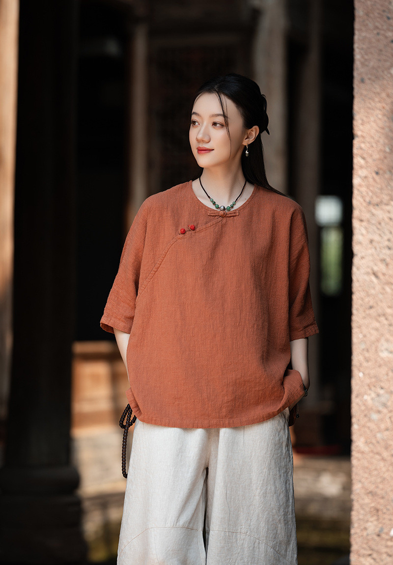 80%苎麻 盤釦チャイナシャツ オレンジ ～夏の太陽を纏う華やかスタイル～ 8379