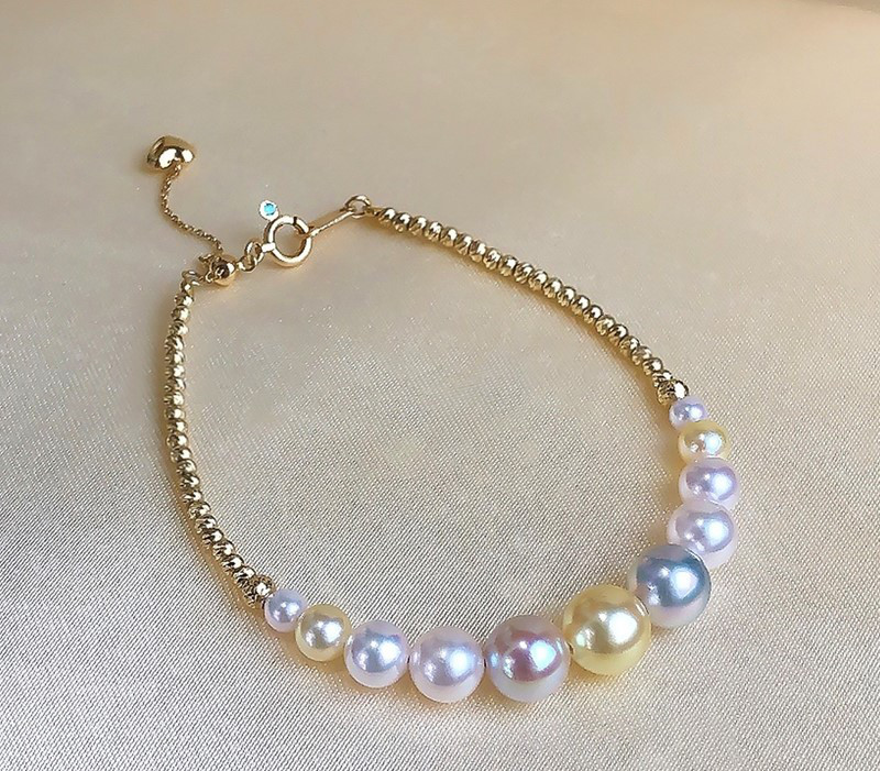 【La Corser】スマイリーミックスカラー 3-7.5mm アコヤ グラデーションレインボーパールブレスレット 雰囲気のある
