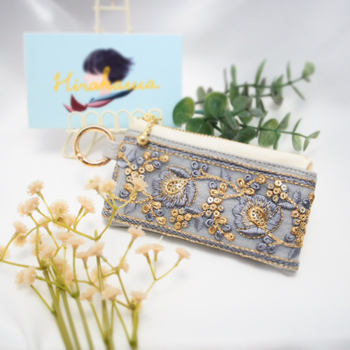 10cm】《インド刺繍リボン》小さな彩りポーチ［黎明の金糸