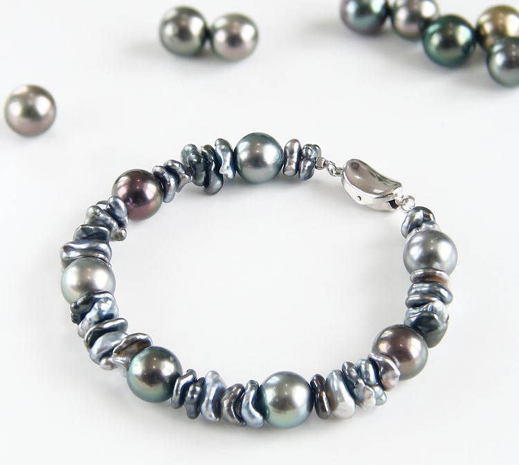 【La Corser】カラフルなデザイン9-9.4mmタヒチピーコックグリーン海水真珠ブレスレット、ケシパールエレメントブラック