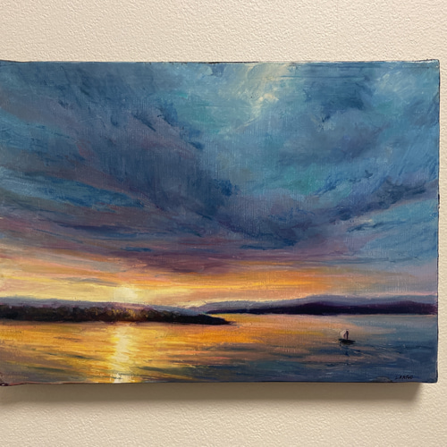 パステル画（原画）夕焼け。 海とイルカのパステルアート 虹色の夕焼け パステル画原画