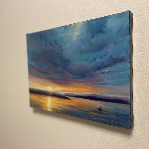 オイルパステル画『金色の孤影』原画・夕景・孤独・静けさ・癒し