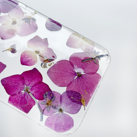 【紫陽花2025】　押し花スマホケース　iphoneケース ソフトケース　手帳型ケース　全機種対応　スマホケース　ピンク 13枚目の画像