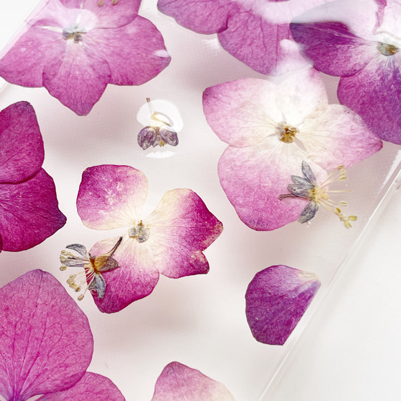 【紫陽花2025】　押し花スマホケース　iphoneケース ソフトケース　手帳型ケース　全機種対応　スマホケース　ピンク 14枚目の画像