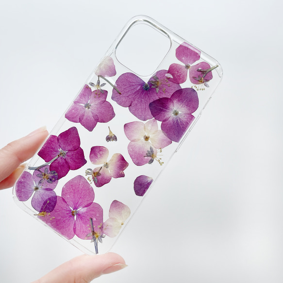【紫陽花2025】　押し花スマホケース　iphoneケース ソフトケース　手帳型ケース　全機種対応　スマホケース　ピンク 1枚目の画像