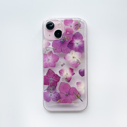 【紫陽花2025】　押し花スマホケース　iphoneケース ソフトケース　手帳型ケース　全機種対応　スマホケース　ピンク 2枚目の画像