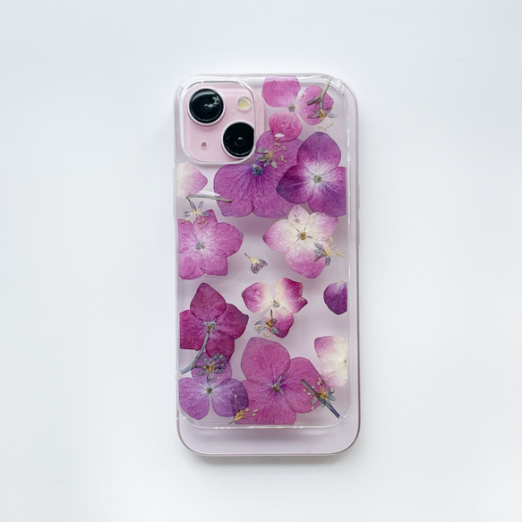 【紫陽花2025】　押し花スマホケース　iphoneケース ソフトケース　手帳型ケース　全機種対応　スマホケース　ピンク 2枚目の画像