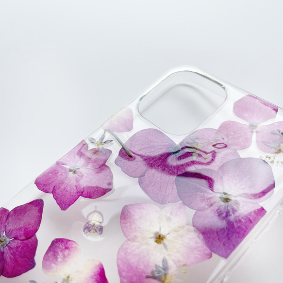 【紫陽花2025】　押し花スマホケース　iphoneケース ソフトケース　手帳型ケース　全機種対応　スマホケース　ピンク 9枚目の画像