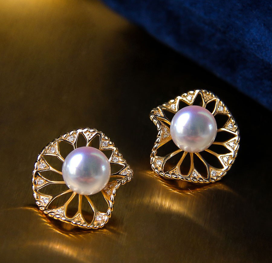 【La Corser】Ying Furong 日本製 7.5-7.9mm 天然アコヤ海水真珠ピアス 18Kゴールド ダイヤモンド