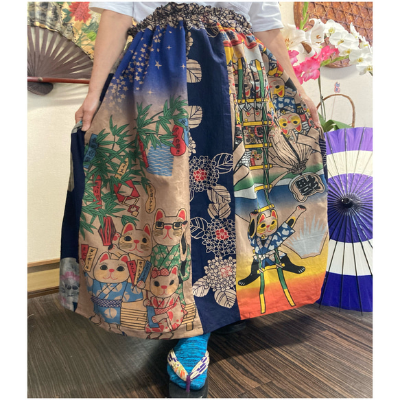 猫柄(七夕柄）の手ぬぐいと浴衣の柿渋染めスカート 手ぬぐい