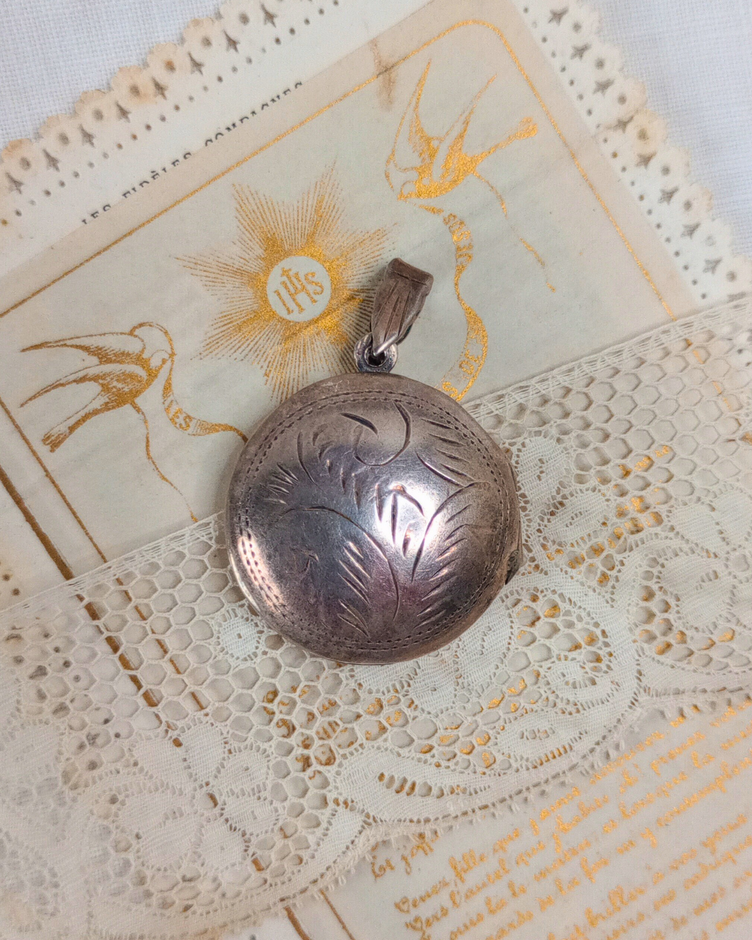 シルバー925 ロケットペンダント 彫り模様 丸 フランスヴィンテージ