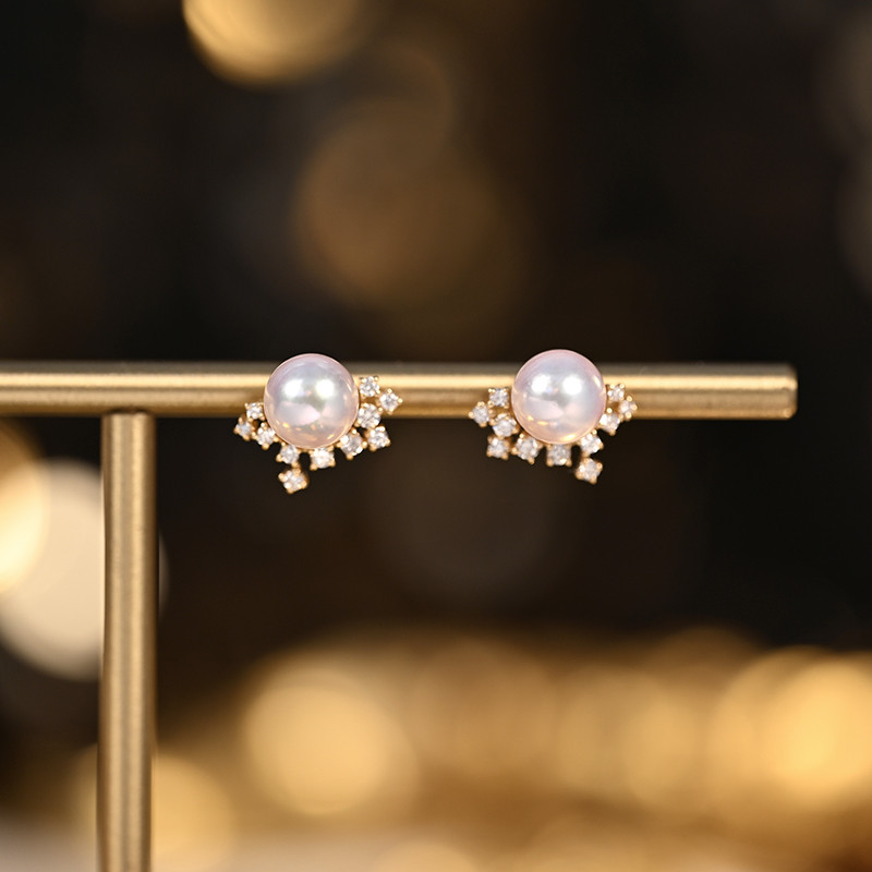 [ヘイズジュエリー] フラワーシリーズ 18Kゴールド ダイヤモンドクラスター 花びらデザイン 日本製オーロラアコヤ 7-7.5