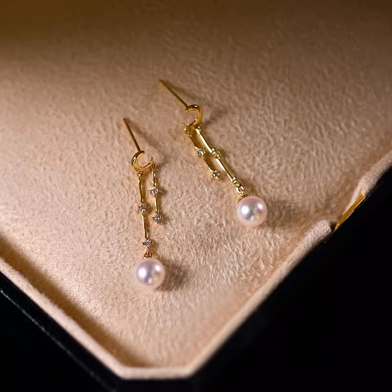 [ヘイズジュエリー] ムーンライトレインシリーズ 18Kゴールド ダイヤモンド装飾 タッセルデザイン 日本製オーロラアコヤ 7-