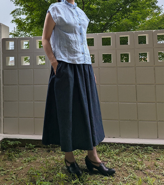 岡山デニム8枚接ぎロングギャザーフレアースカート　S～4L　丈調整OK