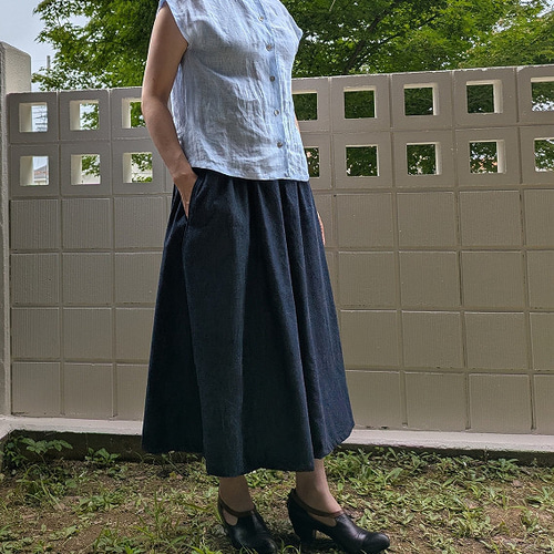 岡山デニム8枚接ぎロングギャザーフレアースカート S～4L 丈調整