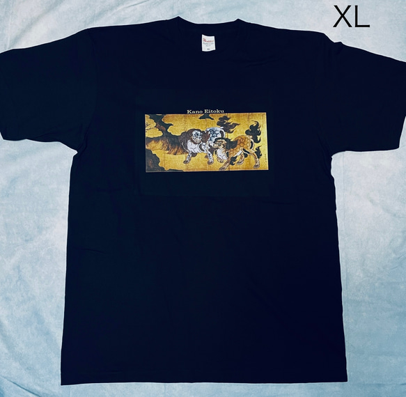 狩野永徳　唐獅子図屏風　綿5.6オンスTシャツ　XLサイズ　黒 1枚目の画像