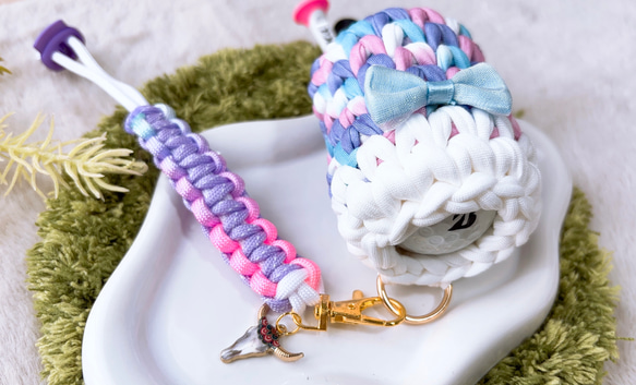 パラコード✶ゴルフティーホルダー＆ボール入れセット✶2個収納✶カラビナ選べます✶グローブホルダータイプ✶パステルリボン 5枚目の画像