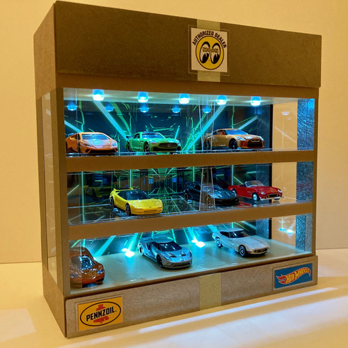 Ren・間接照明＆二重壁・ディスプレーBOX・ネオジオラマ 1/64展示28台可・BK.WH&RD・4層式 ディスプレーBOX/ネオジオラマ