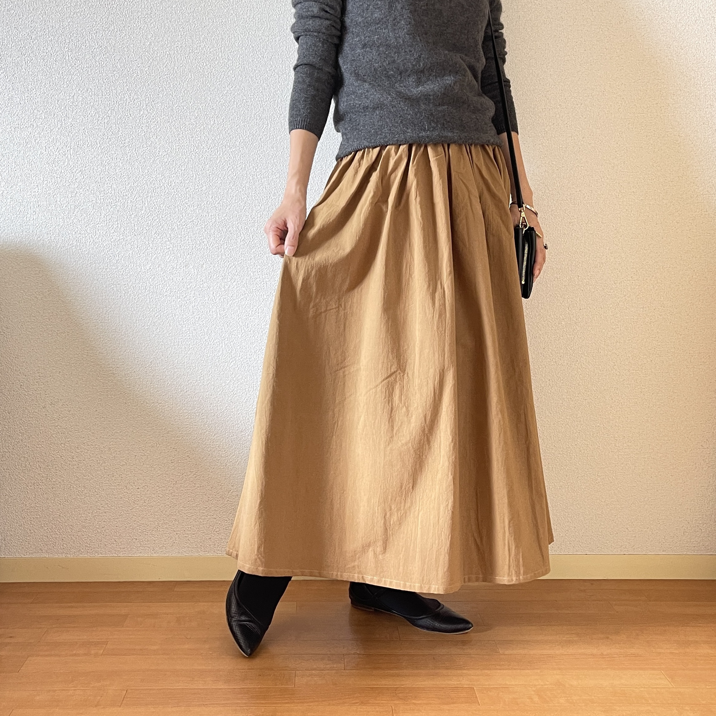 トリプルワッシャー加工♪ くったり柔らかなギャザースカート　キャメル　ウエスト変更可